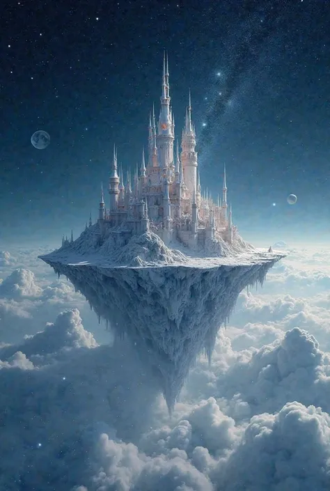 A floating castle made of pure silver, hovering over an ocean of starry clouds. The ground reflects the starlight, and small moons orbit the towers. The sky is a deep shade of blue, dotted with glowing constellations that slowly shift position. The absolut...