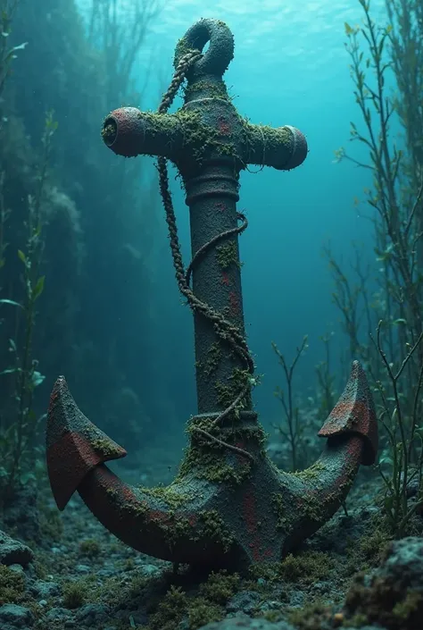 An anchor in the sea, With moss in it, Anchor full of old details,dark