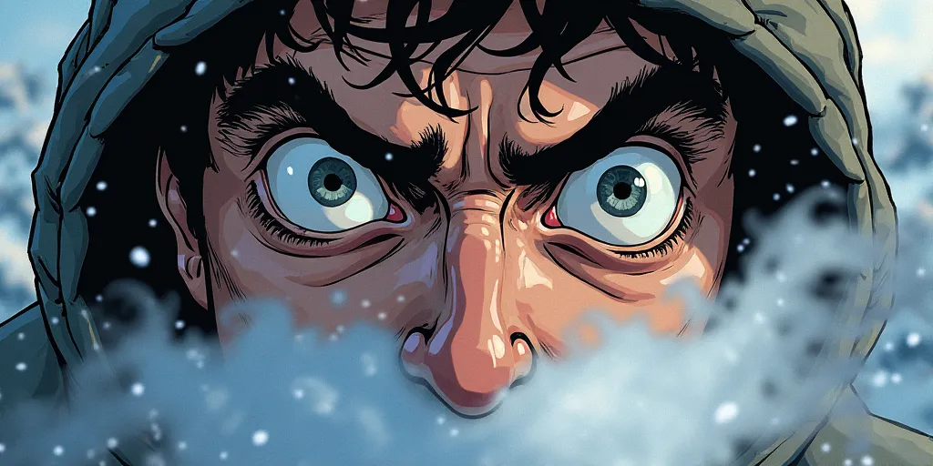 Extreme close-up of Vernon’s wide eyes, his breath visible in the freezing air. comic style