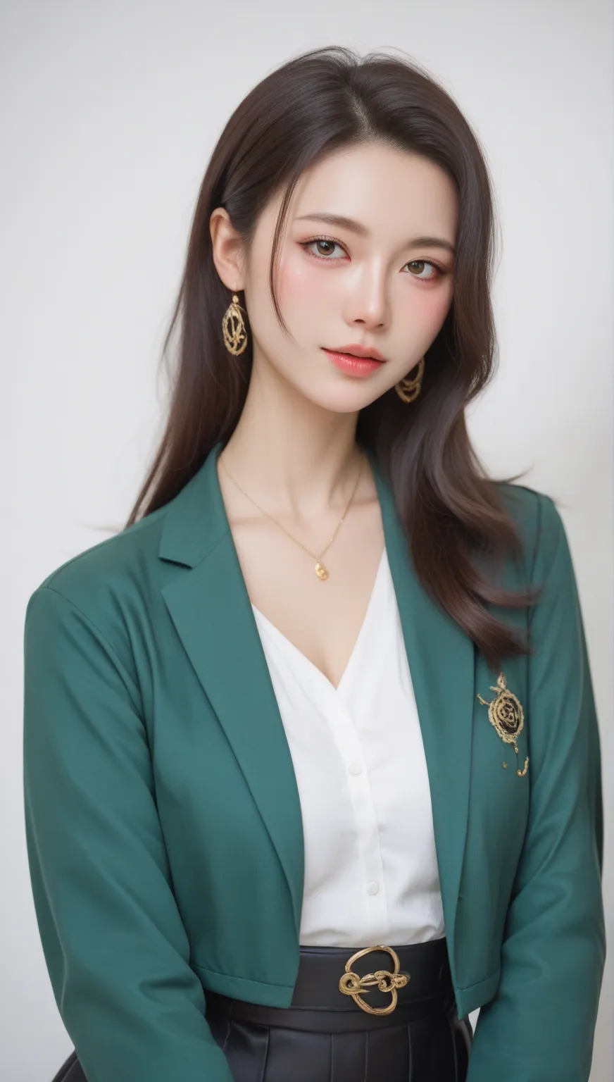 masterpiece、white background、 18 year old woman、 Beautiful Face with Perfect Golden Ratio、green jacket casual clothes、They have black hair and green tips、 hair that reaches the waist 、Character Setup Diagram 、The tips of the hair are green