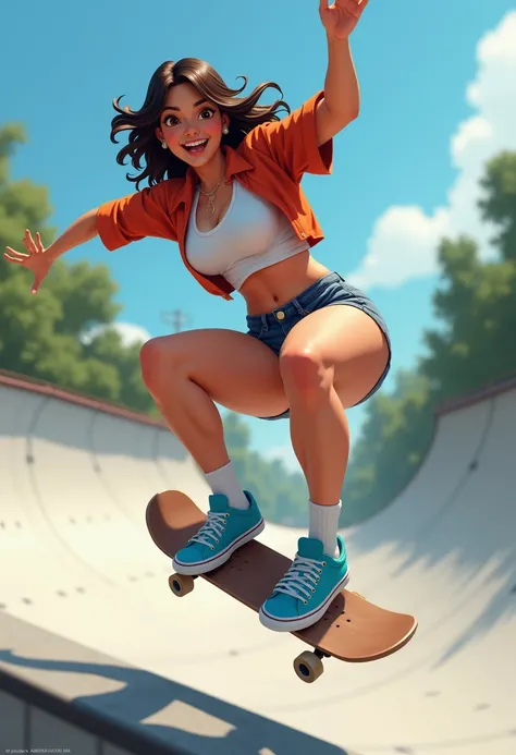  Create a female skateboarder , holding the skateboard in an aerial maneuver on a ramp. He is wearing a short shirt and short shorts. He wears medium socks and blue sneakers.  has thick legs, big boobs,  and big ass. and is smiling.