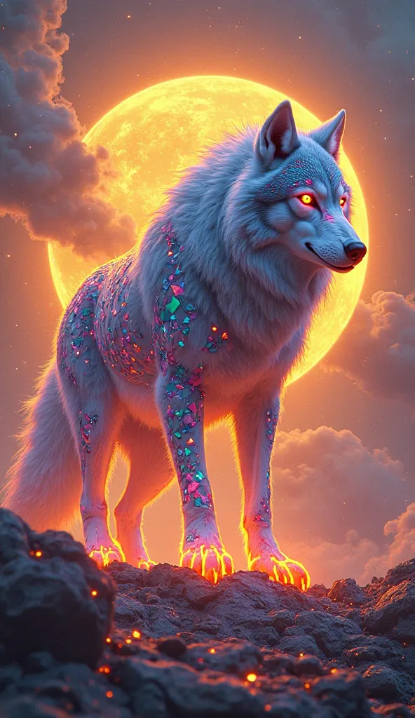 Incredible huge wolf- ((Sonic)), neon wolf with neon patchwork fur, amber eyes, fluffy tail, and golden energy, flowing through him, forming a huge wolf behind his back