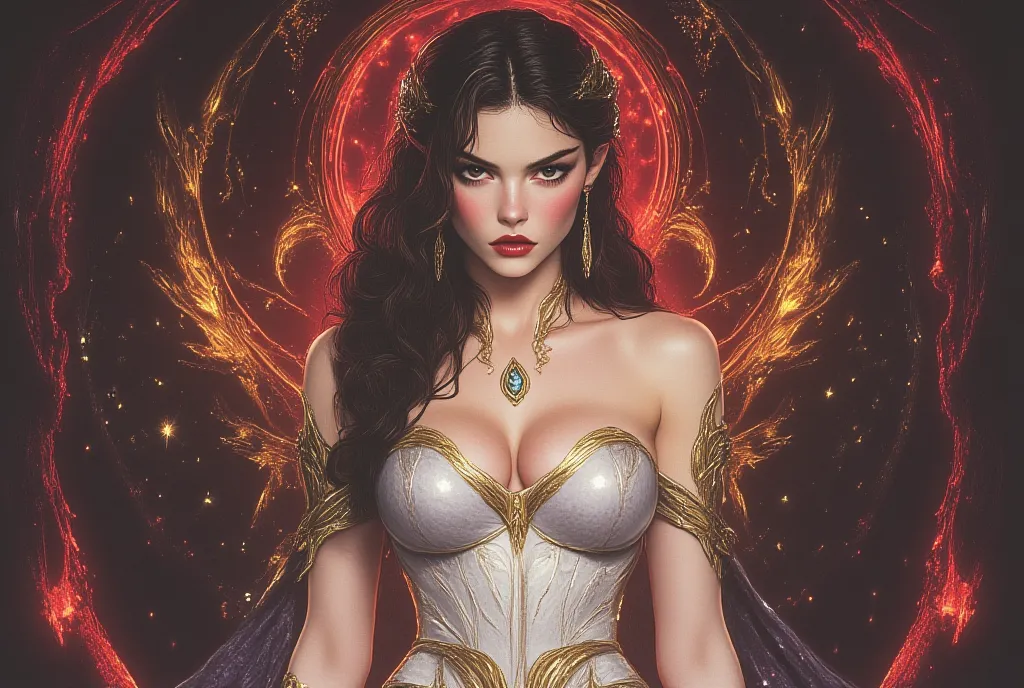 Realistic drawing of a young woman in her 20s, Norse Goddess Freya, con rasgos europeos ESTILO Megan Fox, Megan Fox,  VERY BEAUTIFUL , HAIR IS STANDING AND HOLDING A GOLD KNIFE,  intense and penetrating look . Her VERY LONG HAIR,seeds, DARK BLACK JET HAIR ...