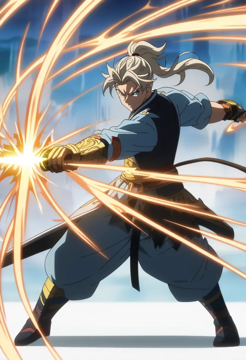 warrior, wielding a sword, Pose should highlight dynamic movement, energy flowing from the gauntlet,(( anime style)), full body, anime boy, white background, male character, anime, ponytail hairstyle