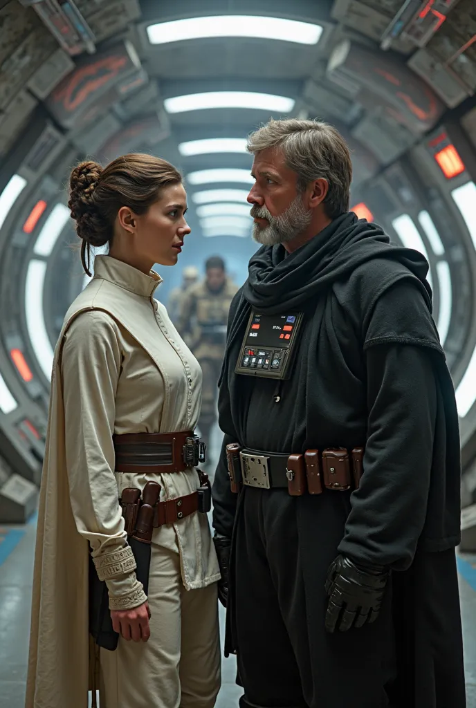 Leia from Star Wars. A determined woman with her hair tied in a signature braid stands next to Luke Skywalker in a black rider suit, blaster in hand. They stand in a brightly lit underground labyrinth filled with futuristic computers, maps, and rebel troop...