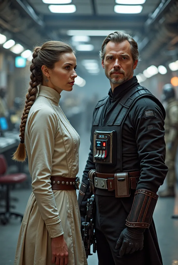 Leia from Star Wars. A determined woman with her hair tied in a signature braid stands next to Luke Skywalker in a black rider suit, blaster in hand. They stand in a brightly lit underground labyrinth filled with futuristic computers, maps, and rebel troop...