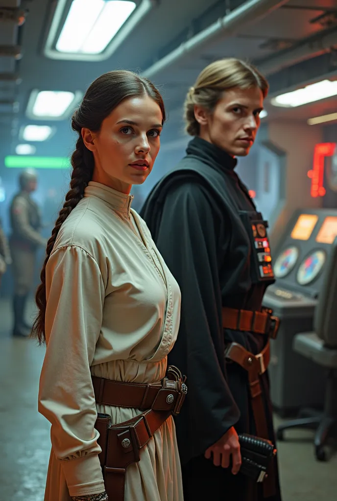 Leia from Star Wars. A determined woman with her hair tied in a signature braid stands next to Luke Skywalker in a black rider suit, blaster in hand. They stand in a brightly lit underground labyrinth filled with futuristic computers, maps, and rebel troop...