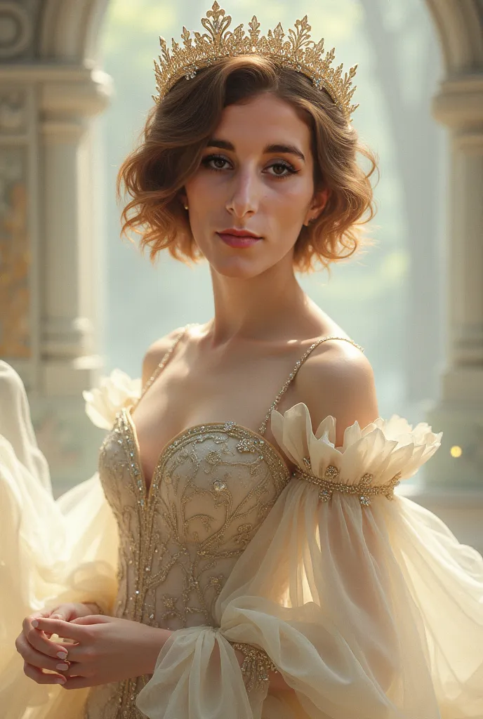 The girl in the photo in a beautiful and elegant dress, her short hair down her shoulders, the root of her light brown hair and the length of her blond hair. With a beautiful crown on her head.