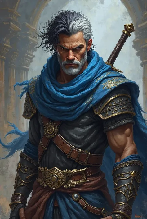 Black-haired warrior man with white highlights, With brown eyes, blue scarf, holding a sword