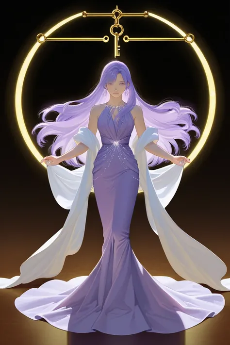 anime screencap, masterpiece, best quality, amazing quality, very aesthetic, newest, 1woman, purple hair, long hair, dress, tall, highres