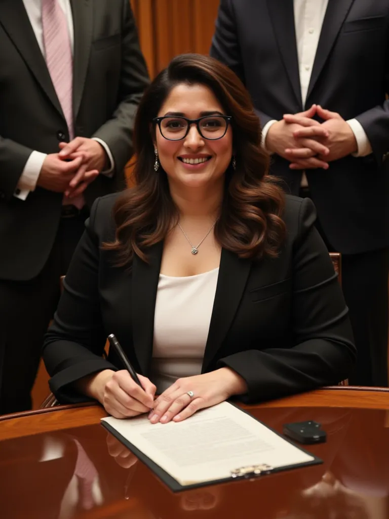 A 27 years old ,matured,american white woman with a large-sized, full figured fitted body shape, ivory white round-shaped face.

She and her husband. She sits at the Prime Minister’s desk, wearing a formal black blazer over a white kameez, signing an impor...