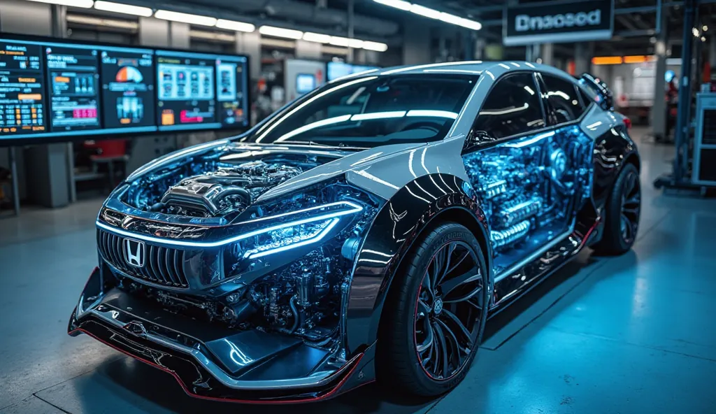 "A highly advanced (Honda Civic) 2025 concept car engine, featuring a futuristic hybrid hydrogen-electric powertrain. The engine bay is illuminated with blue LED accents, showcasing a sleek, compact, and high-performance motor. Visible components include a...