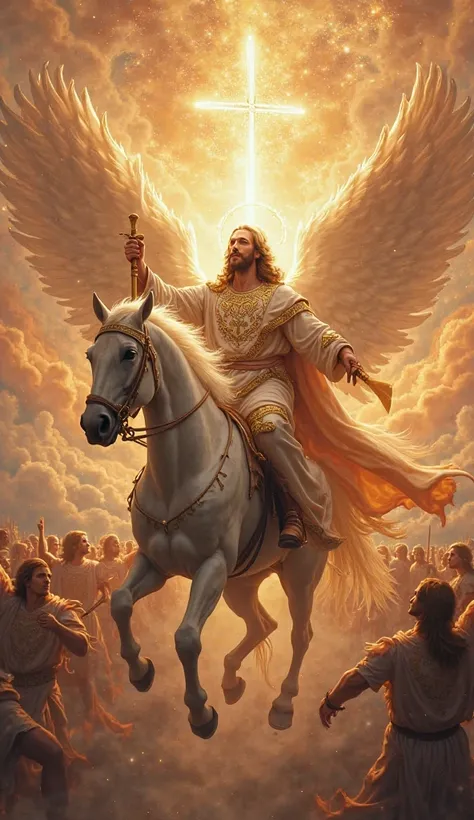 Jesus Christ descending from heaven on a white horse, with a fiery sword and an army of angels behind Him. In His garment, written " KING OF KINGS AND LORD OF LORDS ".

