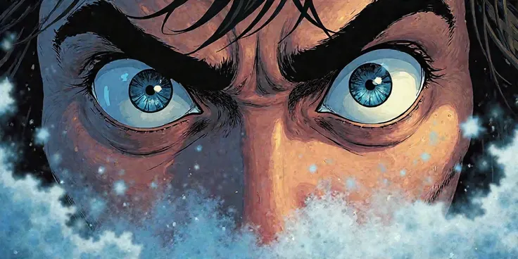 Extreme close-up of Vernon’s wide eyes, his breath visible in the freezing air. comic style