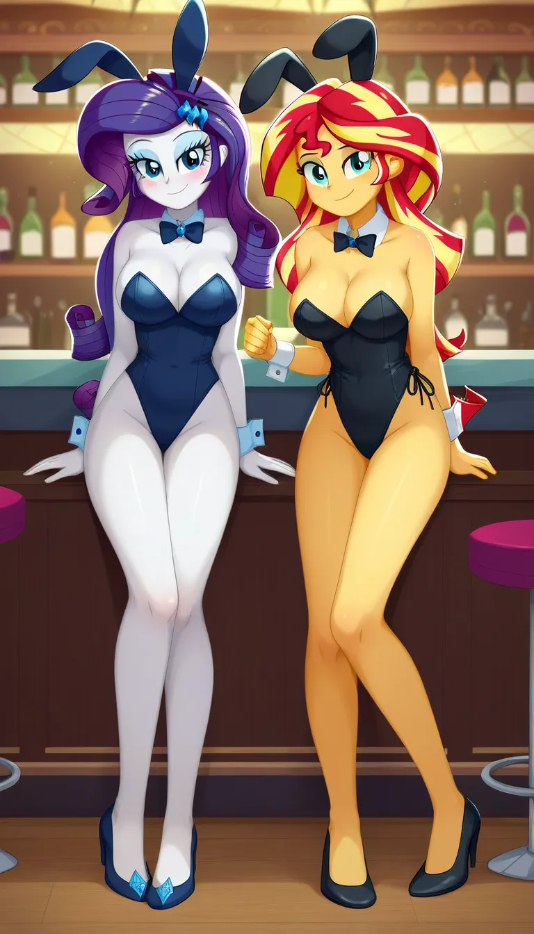 safe_pos, score_9, score_8_up, score_7_up BREAK sunset shimmer, rarity, duo, 2 girls, human, equestria girls, 1 girl, g4, BREAK large breasts, BREAK looking at you, inside of a bar, full body view, black bunny suit , playboy bunny ears, high heels, leotard...