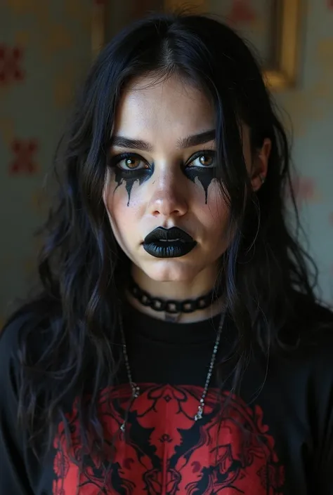 arafed woman with black lipstick and a black shirt with a red and black design, an album cover inspired by Dulah Marie Evans, instagram, renaissance, 1 7 - year - old goth girl, wearing goth makeup, gothic horror vibes, in a halloween style, dark make up o...