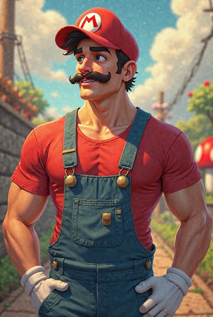 
Make a handsome sexy man in jeans overalls with white gloves, red t-shirt, red cap with a white circle with a red M in the circle and a mustache with pipes and marios bros mushroom in the back