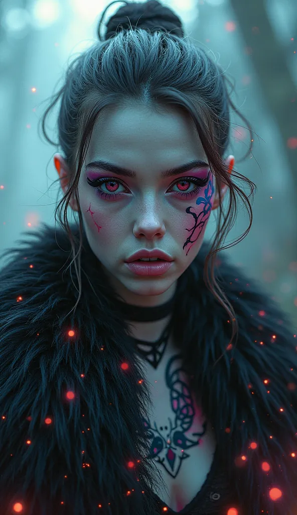 front view,  fantasy girl、tattoo、Fog、cyberpunk、black fur、monochrome、half black and white、hyperrealistic, neon magic, forest background