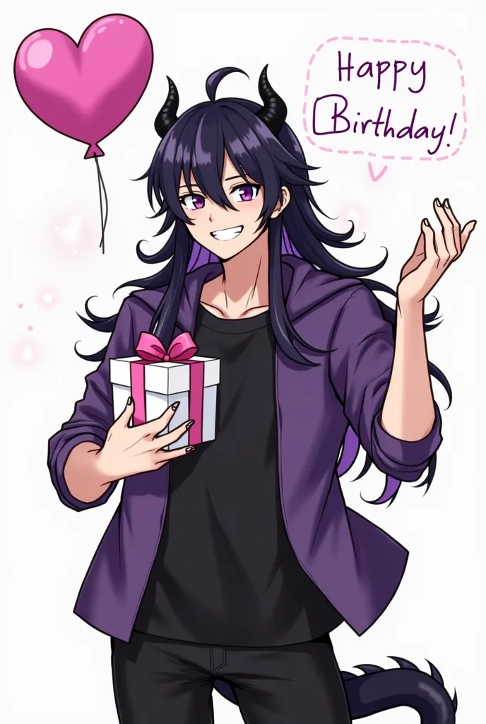 A man with long black hair ends with purple hair, dark purple eyes, black horns, a black T-shirt, a dark purple hoodie, black pants, a black dragon tail, holding a birthday gift box with a smile and a heart-shaped balloon. 