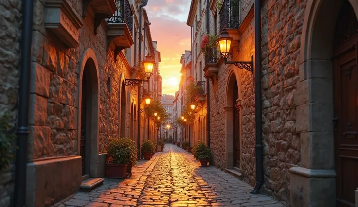 Ultra high quality, 16:9 aspect ratio, ultra-realistic quality, a narrow cobblestone street in an old European town during sunset, warm golden light reflecting off the stone buildings, vintage street lamps softly glowing, rustic brick and plaster facades, ...