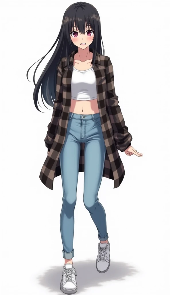 Japanese anime age woman with long straight black hair and intense magenta eyes and wears a plaid flannel shirt in shades of black and white, open over a tight white top. She also wears light blue skinny jeans and white sneakers. and white background and f...