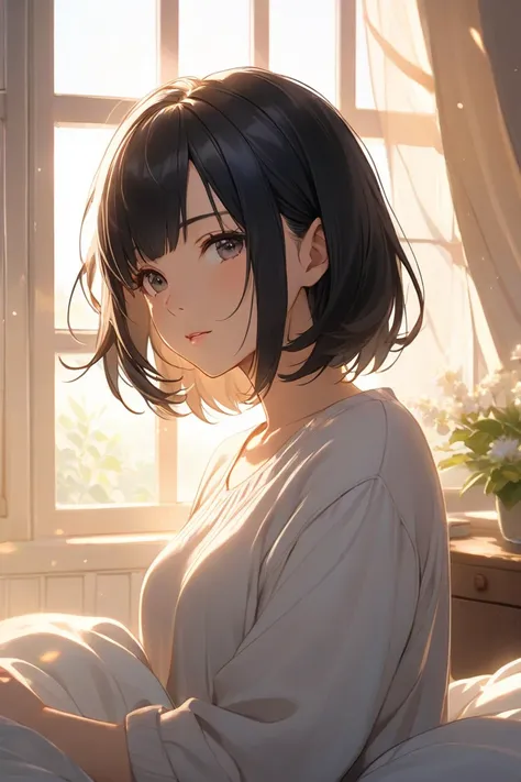 A cute woman with fluffy black hair and bob hair wakes up