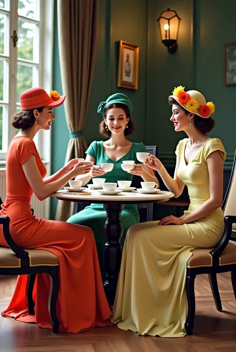 Three women from the year 1940 face one has a huge ass with giant tits wearing long dresses with lots of skirts and a hat with flowers with different colors sitting on elegant chairs drinking tea at a table 