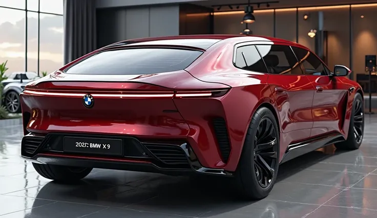 ultra-detailed 3D render of a modern 2026 BMW x9 with a bold and sleek limousine-like design, captured in a back bumper view. The car is painted in a 'gleamy' dark red color, featuring a prominent ' 
 BMW x9 
' logo on the front and a large white grille in...