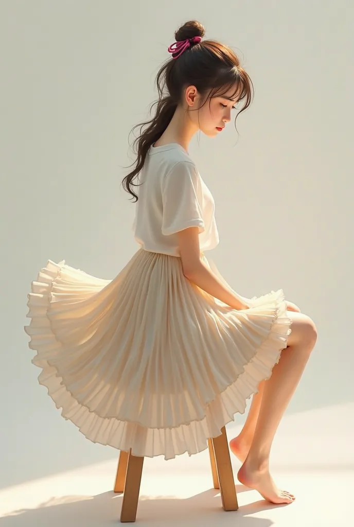 A girl wearing a short single layer pleated skirt, sitting on a stool with her skirt having it flare outward  covering the upper part of the stool. Make the skirt facing downward