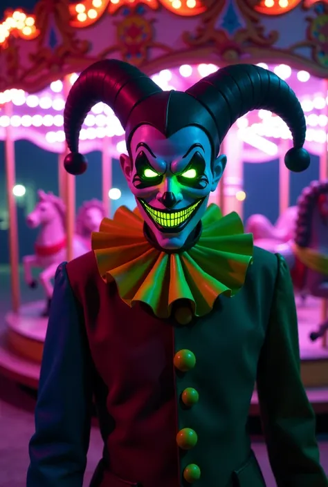 A masked jester with an unsettling grin in a Fluorescent Shadow Carnival. Eerie neon lights reflect off the jester’s twisted costume, with neon green and electric purple hues illuminating their sinister face. The background reveals warped carousel animals ...