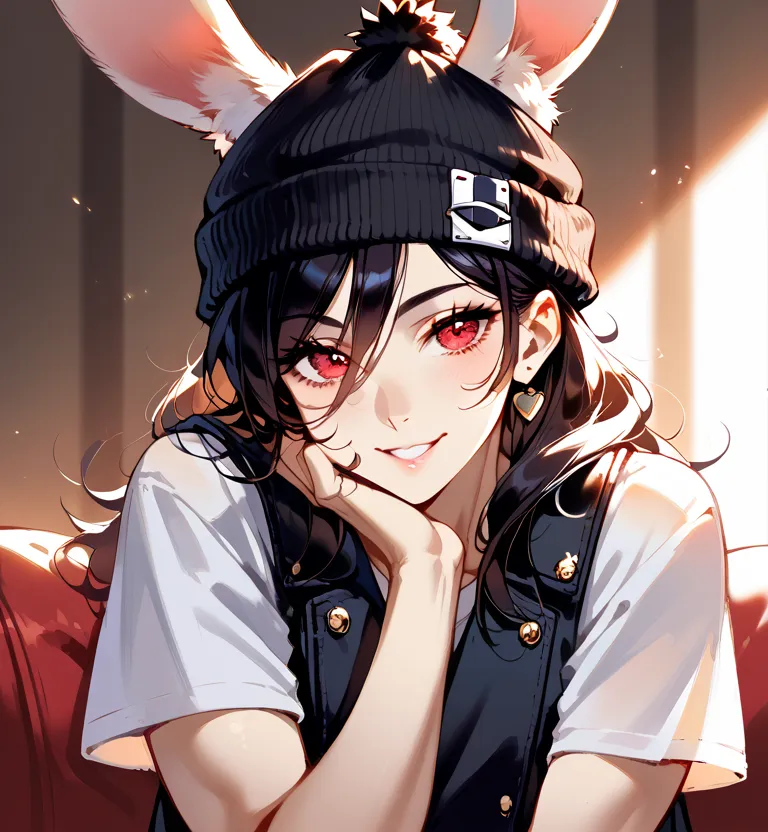 ((masterpiece,  Super high resolution , highly detailed, 8k)), ((Cara sexy: 1.5)), rabbit, black beanie, about 20 years old, black hair, beautiful, ((wear a black,  short sleeves , Smiles and looks seductively mischievously at the viewer: 1.2)), Red Eyes, ...