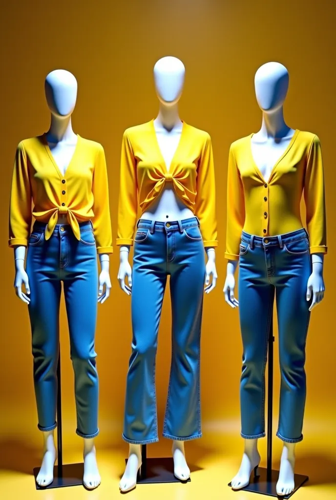 three mannequins in a store with a yellow top and blue jeans, An image inspired by Olivia Peguero ,  instagram , event, yellow clothes, vibrant aesthetics, Fashion clothes, outfit design, fashion clothing , Beautiful clothes,  Mixture of Styles , Fashion c...