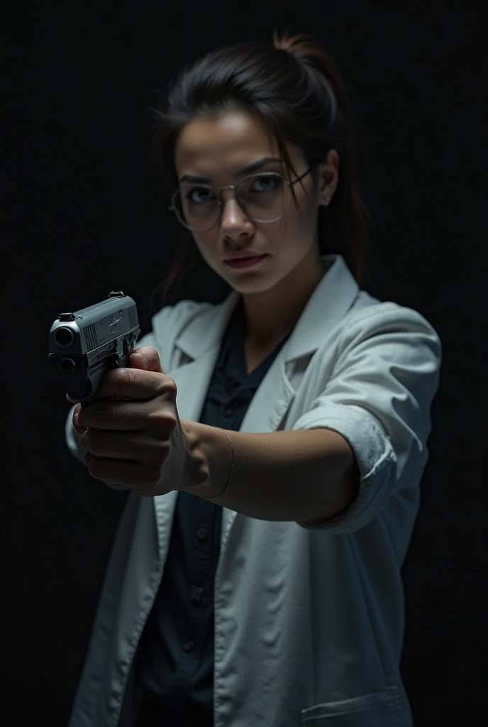 I want an image with a black background of a 28-year-old forensic expert without a lab coat with a semi-automatic pistol