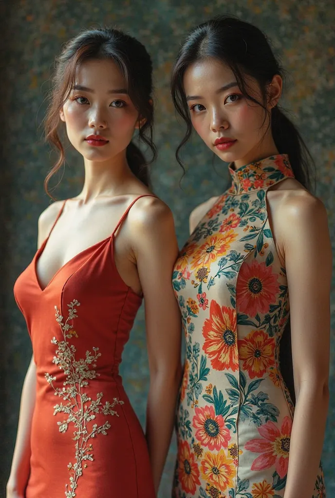 two women in cheongsam，An old fashioned，one funky and beautiful