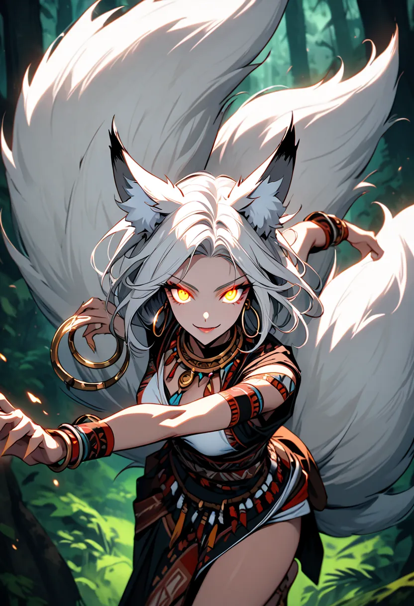 Alone, female, close up, fox ears, white hair,  golden eyes, wild, monster girl,  fox girl, improvised used clothes, ornaments, looking at the viewer, DENSE FOREST,  smile,  beautiful, wild, curve,  action pose , throw, dynamic, luxurious,  jumping, curve,...