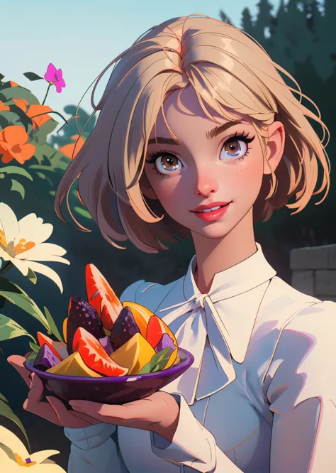 (masterpiece, boobs),  1 woman, wearing a purple puffed sleeve blouse, short hair, blond color, brown eyes, smiling,  holding a fruit salad 