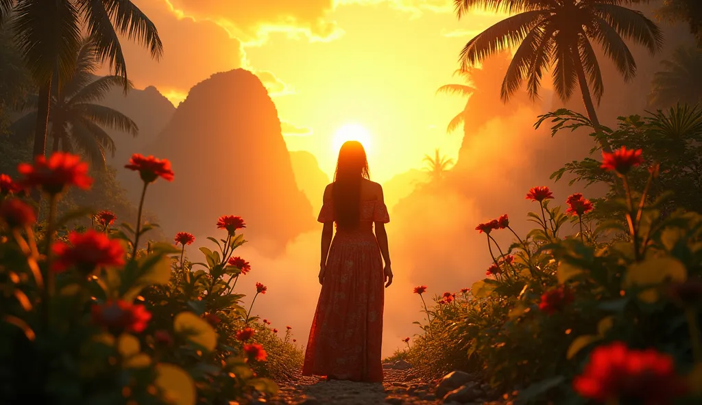 Create a captivating image that serves as a poster for a modern film, encapsulating the essence of forgiveness and light. The composition should feature a central figure, a Colombian woman dressed in traditional attire, standing amidst a lush, vibrant land...