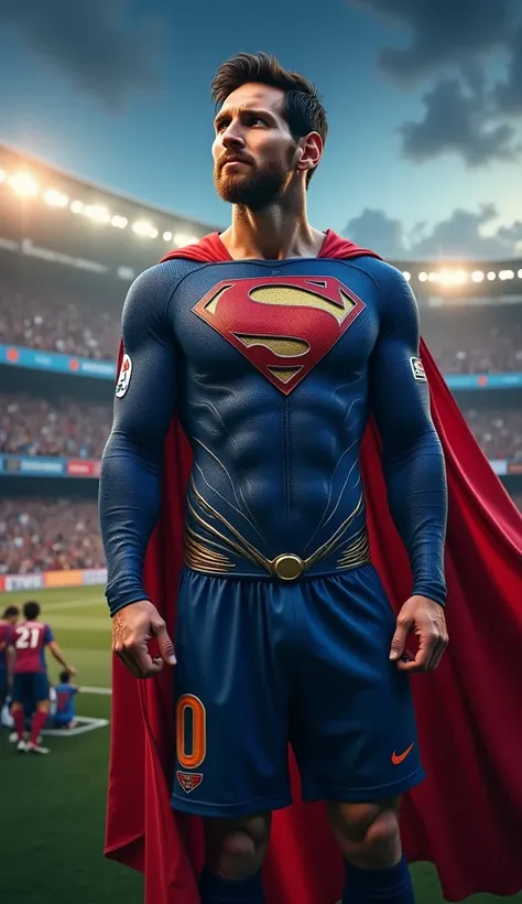 Create an image of Lionel Messi dressed as Superman, with a focus on your face. The costume should be a modern version of Superman, with realistic details that highlight his muscles and the famous shield on his chest. The red cape flutters in the wind, and...