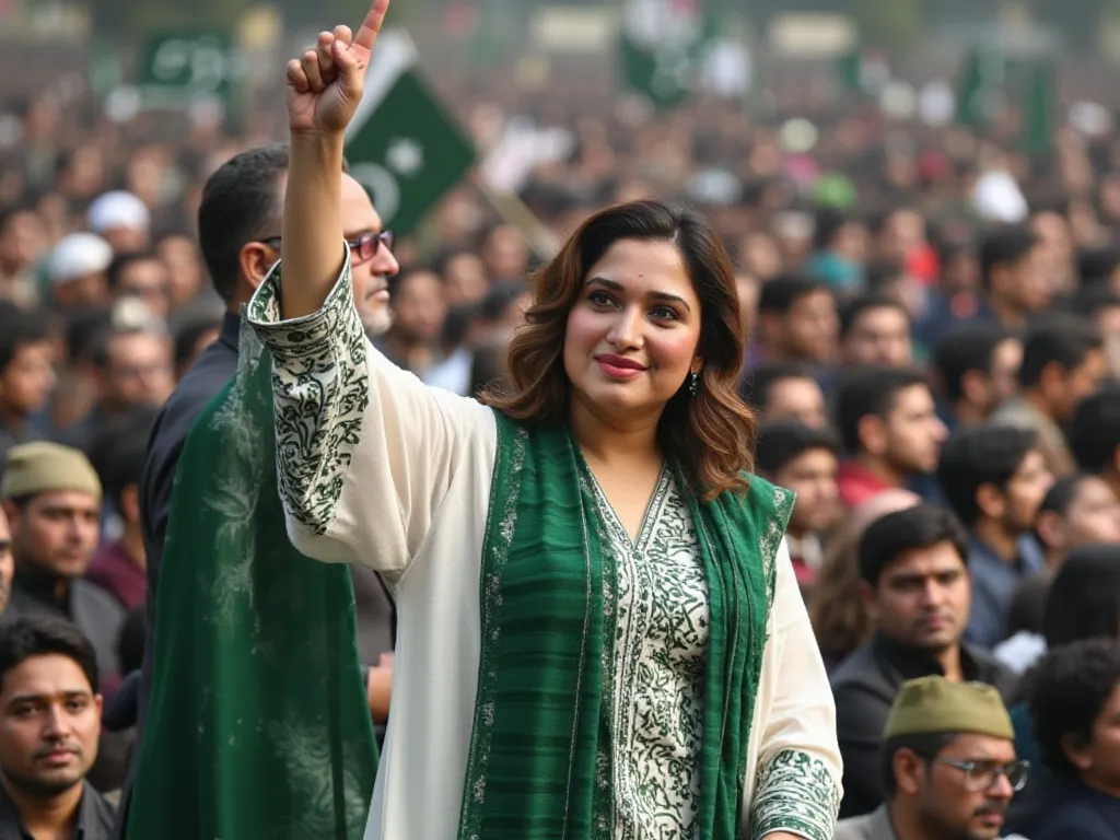 A 27 years old ,matured,american white woman with a medium-sized, full figured fitted body shape, ivory white round-shaped face.

She and her husband. She stands on a stage in Lahore, wearing a green and white salwar kameez, passionately addressing a large...