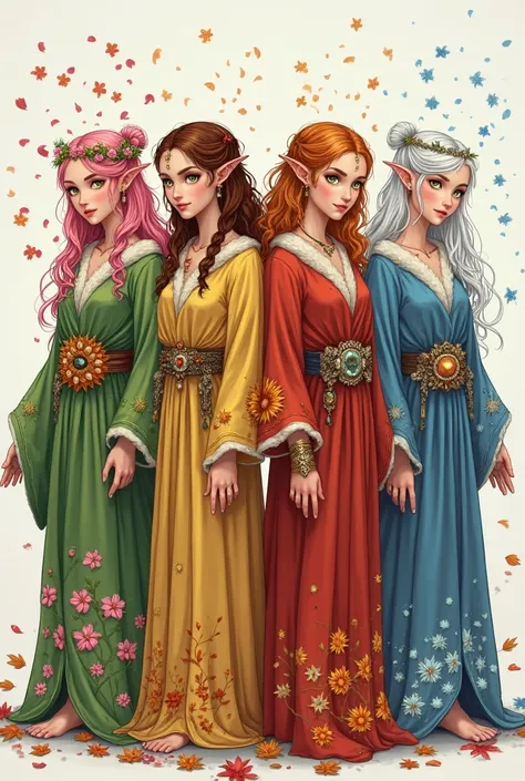 Full-body illustration of four identical elven druids, each representing a different season.
Spring: Soft pink hair, green eyes, vibrant green druidic robes with pink flowers, flower crown. Petals floating around, renewal and life atmosphere. Clean lines, ...