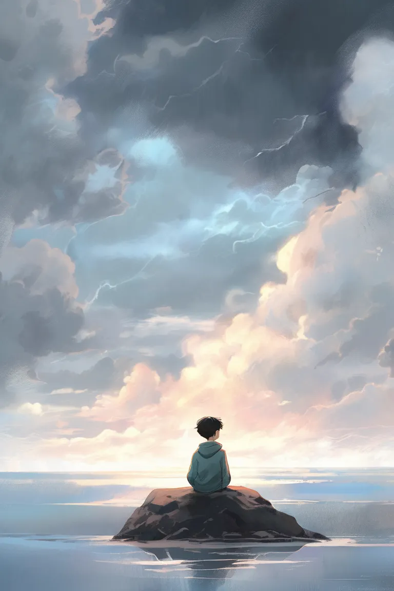 style, soft cover, pastel color, digital illustration, A young boy sits alone, lost in thought, his eyes fixed on the overcast sky above. The soft, muted tones of the dark pastel palette wrap around him, mirroring the weight of his unspoken sorrow. Heavy c...