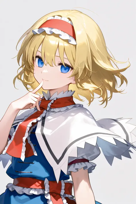  1girl ,AliCen 、simple background、in front、
alice margatroid, medium hair, blonde hair, blue eyes, ,red hairband, Lolita hairband, frilled hairband,
white capelet, blue dress, frilled dress, frilled ascot, red ascot, puffy short sleeves, brown footwear, cr...