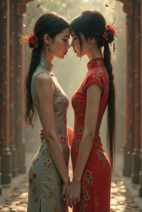 two women in cheongsam，An old fashioned，one funky and beautiful，Facing each other's backs