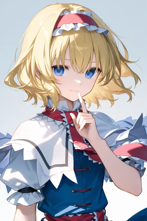  1girl ,AliCen 、simple background、in front、
alice margatroid, medium hair, blonde hair, blue eyes, ,red hairband, Lolita hairband, frilled hairband,
white capelet, blue dress, frilled dress, frilled ascot, red ascot, puffy short sleeves, brown footwear, cr...