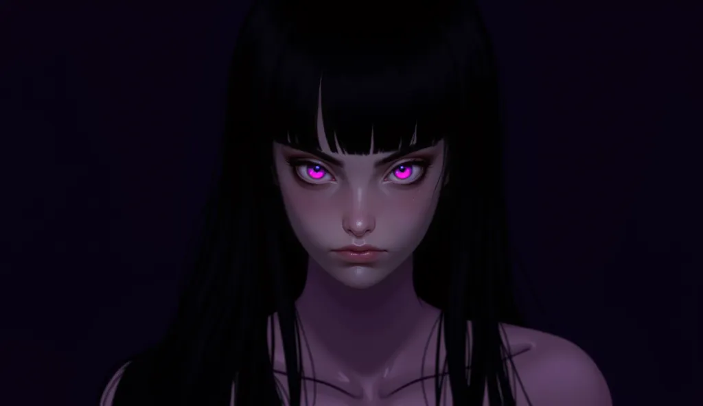 A digital illustration featuring a close-up portrait of a young woman with striking purple eyes and black hair, set against a dark background with a gradient of purple and black tones. the woman is positioned in the middle of the image, looking directly at...