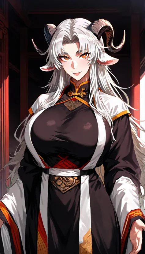 A Goat Female, Mature flavor, Goat Ears, Perfect body, Oppai,A pair of Goat horns(brown), (White long hair, curtained hair, messy hair),orange eyes, Wearing A Black and Grey Taoist Robe, Open pose, seductive smile, In A Chinese Classic Temple, UHD, SOLO, a...