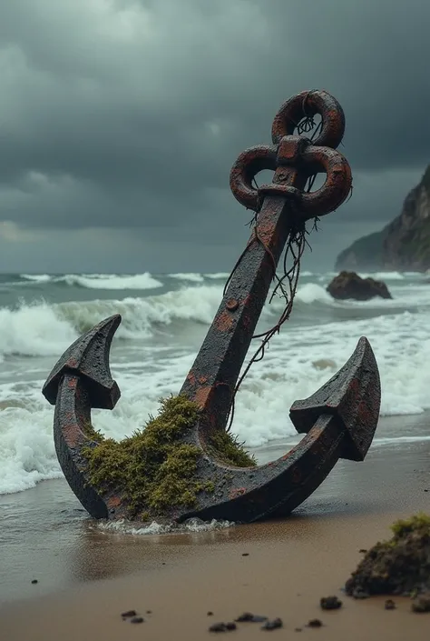 An anchor in the sand of the beach, choppy waves, With moss in it, anchor full of old details,dark, Dark sky with black clouds, mist