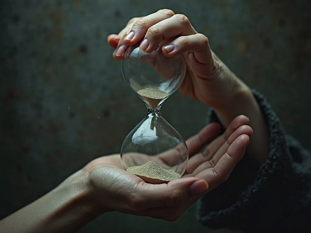 An hourglass with only a single grain of sand left, held in a trembling hand, representing the last opportunity to act before it’s too late.