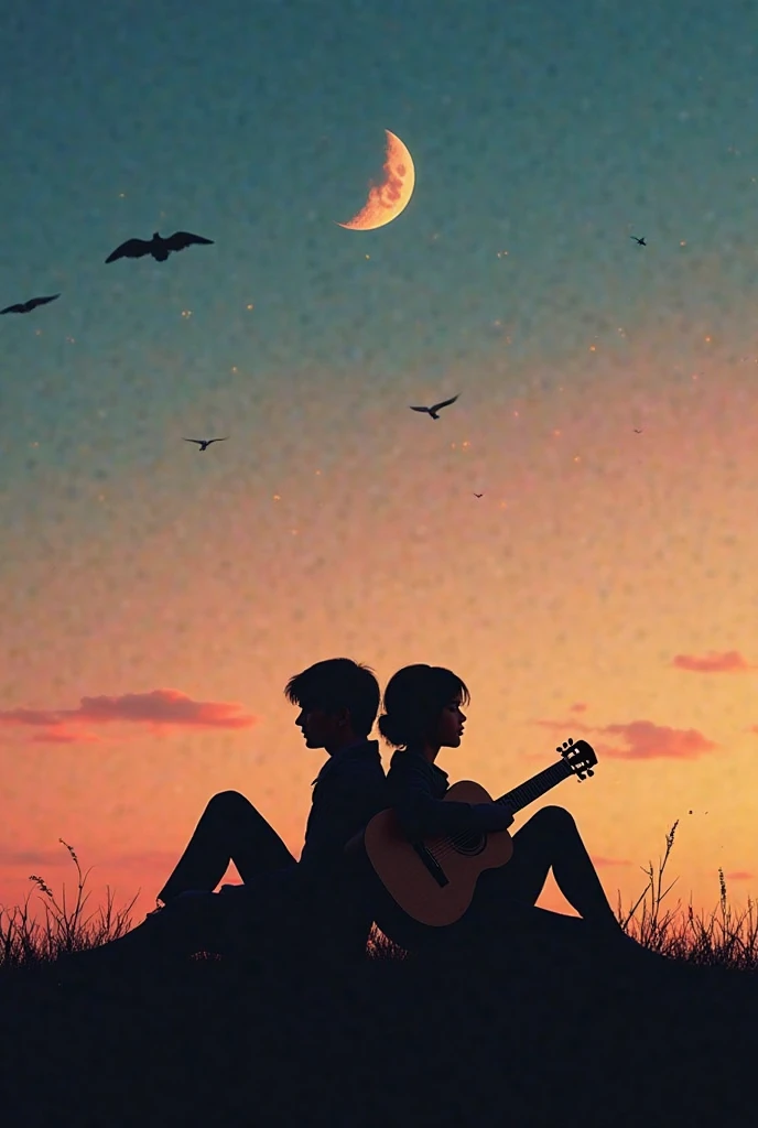 The image shows a romantic scene at sunset, with two people sitting on the grass, leaning back to back. One of them holds a guitar, suggesting a relaxed and musical atmosphere. The sky has warm shades of orange and pink that fade into a deep blue, where a ...