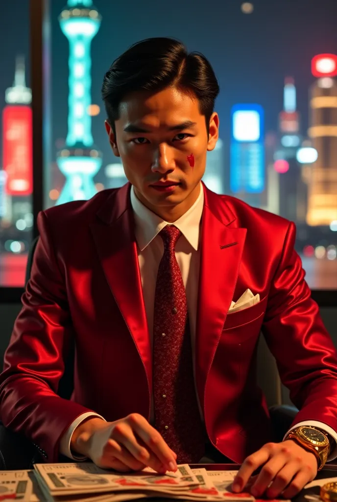 Design a Chinese Patrick Bateman, dressed in a silk red-and-gold tailored business suit. His face is eerily calm, but his hands are stained with blood as he wipes them with a designer handkerchief. He holds a razor-sharp cleaver, and his office desk is cov...